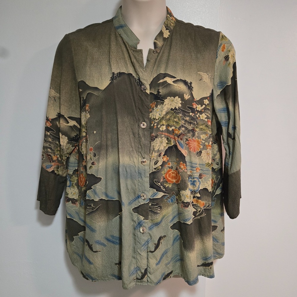 Citron Santa Monica Silk Jacket 1X Chinoiserie Floral Toile Mandarin Collar Boho